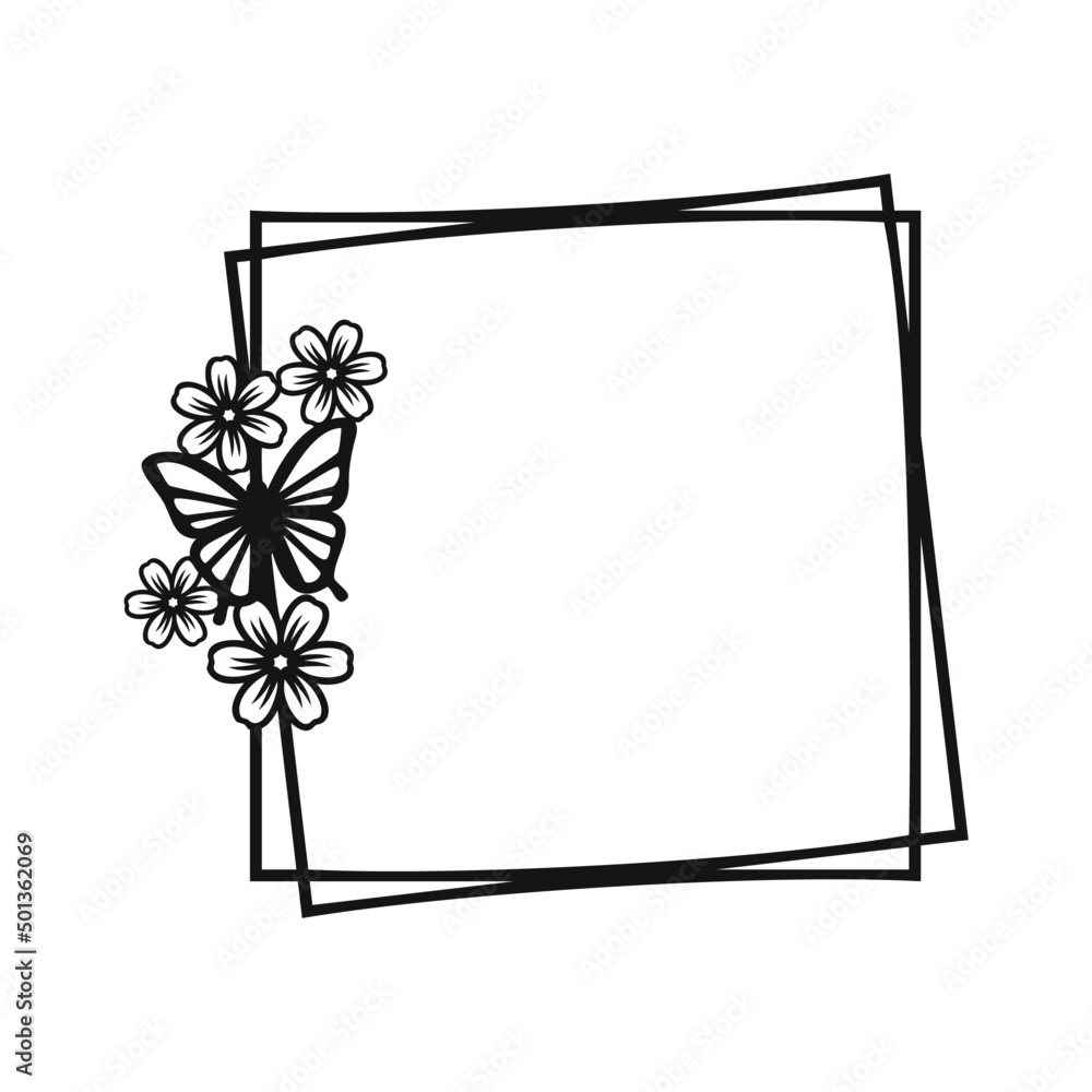 Obraz premium Frame in the shape of a square with flowers and butterfly. Floral Frame. Suitable for cutting machine 
