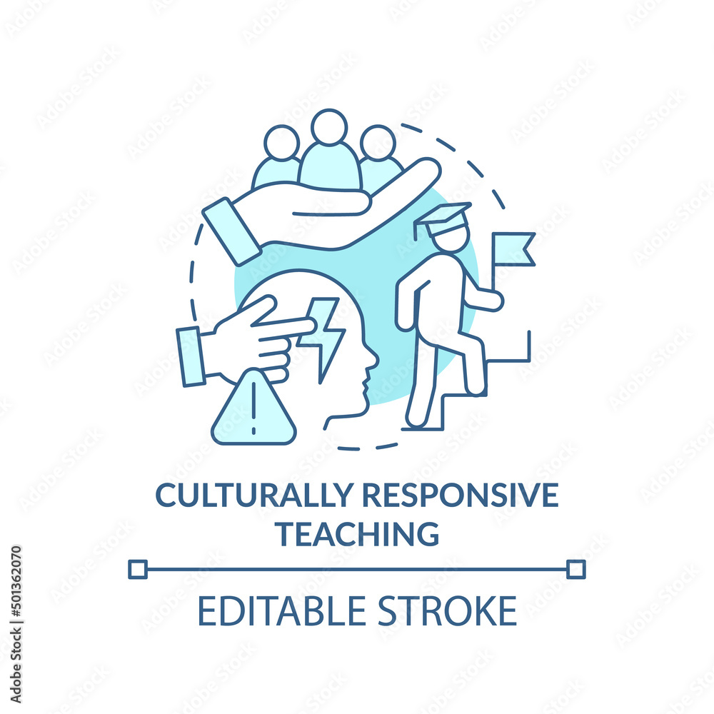 Culturally responsive teaching turquoise concept icon. Deal with traumatized students abstract idea thin line illustration. Isolated outline drawing. Editable stroke. Arial, Myriad Pro-Bold fonts use