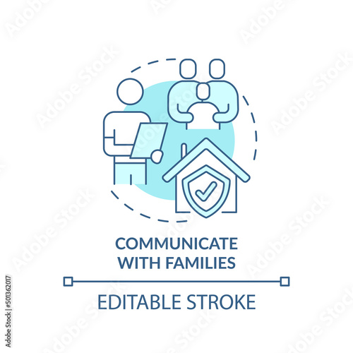 Communicate with families turquoise concept icon. Trauma informed teaching abstract idea thin line illustration. Isolated outline drawing. Editable stroke. Arial, Myriad Pro-Bold fonts use