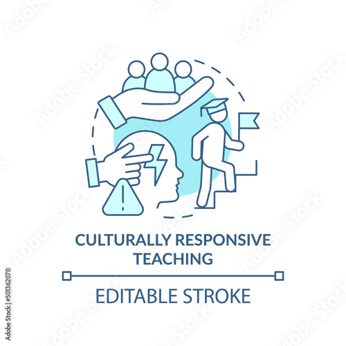 Culturally responsive teaching turquoise concept icon. Deal with traumatized students abstract idea thin line illustration. Isolated outline drawing. Editable stroke. Arial, Myriad Pro-Bold fonts use