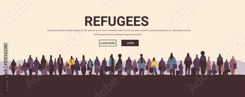 Ukrainian refugees with things rush to border fleeing russian aggression against Ukraine stop war concept
