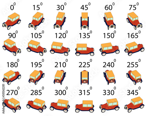 A set of 24 retro cars from different angles. Rotation of the vintage car in outline by 15 degrees for animation.  
