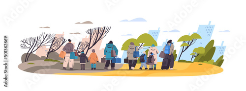 Ukrainian refugees with things fleeing russian aggression against Ukraine stop war concept people searching new homes