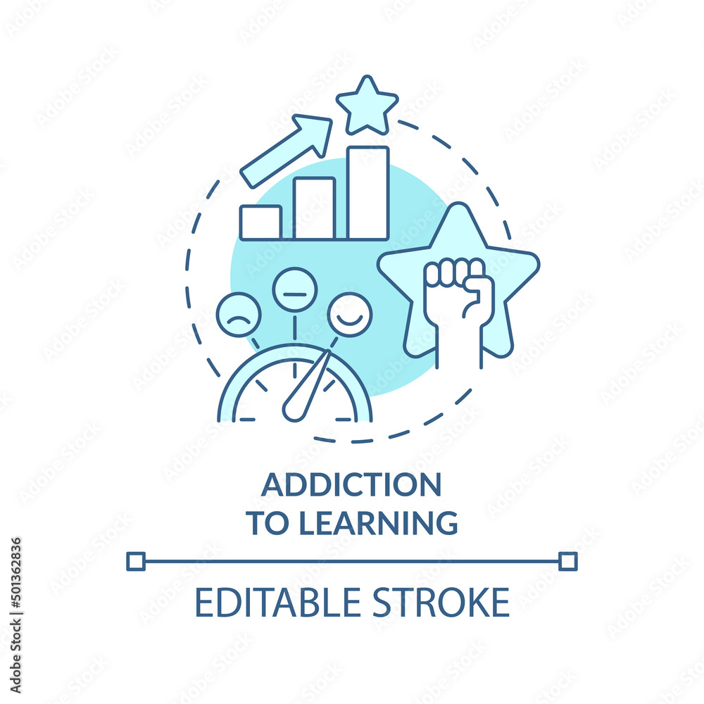 Addiction to learning turquoise concept icon. Benefit of gamification in education abstract idea thin line illustration. Isolated outline drawing. Editable stroke. Arial, Myriad Pro-Bold fonts use
