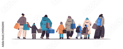 Ukrainian refugees with things fleeing russian aggression against Ukraine stop war concept people searching new homes