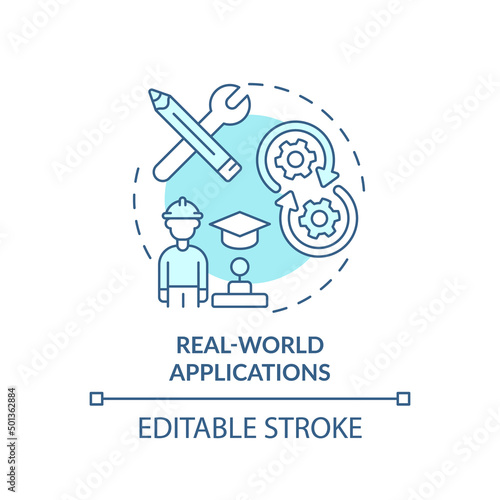 Real world applications turquoise concept icon. Gamification for students education abstract idea thin line illustration. Isolated outline drawing. Editable stroke. Arial, Myriad Pro-Bold fonts use