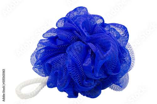 Blue mesh pouf bath sponge washcloth single object isolated on white background closeup photo. Soft synthetic shower wash cloth.Washing hygiene clipart design element. Spa body care accessory product.