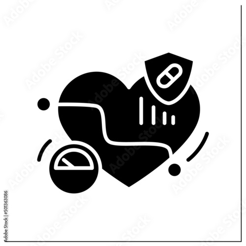 Probiotics glyph icon. Low blood pressure. Medicines and dieting for heart hypertension decrease.Medical high pulse.Healthcare and medicine.Filled flat sign. Isolated silhouette vector illustration