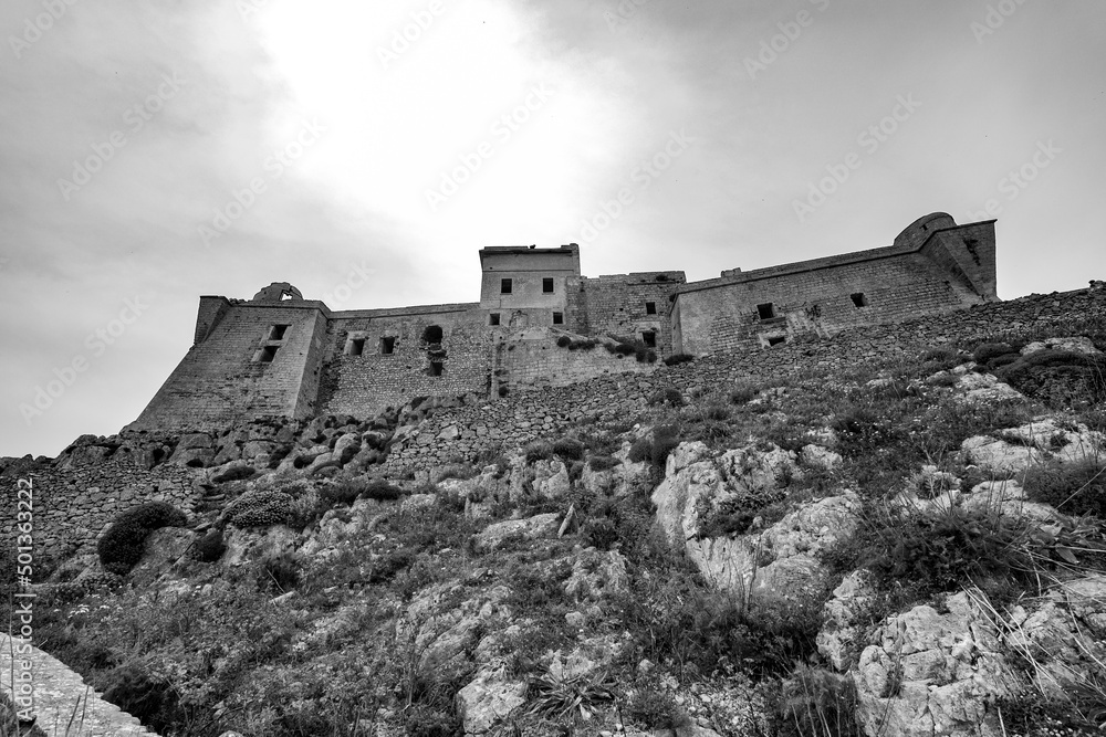 black and white photo of the castle of Santa Caterina, an ancient fort on the island of Favignana. (Egadi) Aegadian Islands, Trapani, Sicily, Italy
