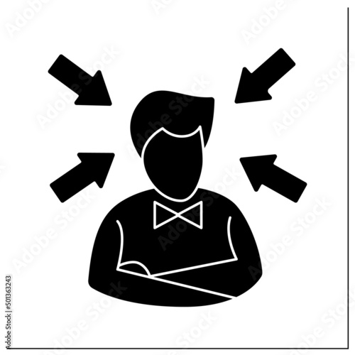 Influence glyph icon. Individual under arrows. Multiple media and information channels pressure and actual news analysis concept. Filled flat sign. Isolated silhouette vector illustration