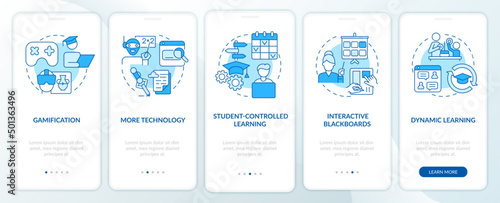 Technology in education trends blue onboarding mobile app screen. Digital walkthrough 5 steps graphic instructions pages with linear concepts. UI, UX, GUI template. Myriad Pro-Bold, Regular fonts used
