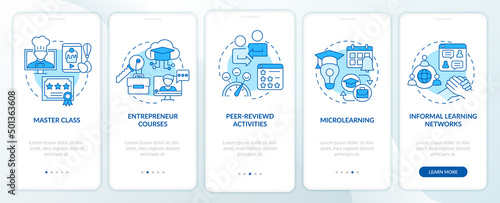 Online education trends blue onboarding mobile app screen. Learning walkthrough 5 steps graphic instructions pages with linear concepts. UI, UX, GUI template. Myriad Pro-Bold, Regular fonts used