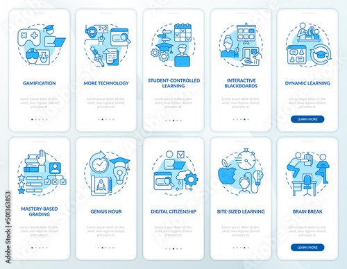Education trends blue onboarding mobile app screen set. Development walkthrough 5 steps graphic instructions pages with linear concepts. UI, UX, GUI template. Myriad Pro-Bold, Regular fonts used