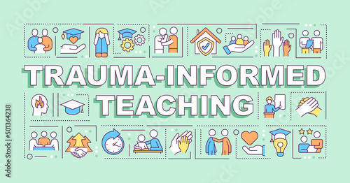 Trauma informed teaching word concepts green banner. Education trend. Infographics with icons on color background. Isolated typography. Vector illustration with text. Arial-Black font used