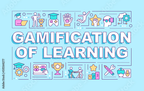 Gamification of learning word concepts blue banner. Education innovation. Infographics with icons on color background. Isolated typography. Vector illustration with text. Arial-Black font used