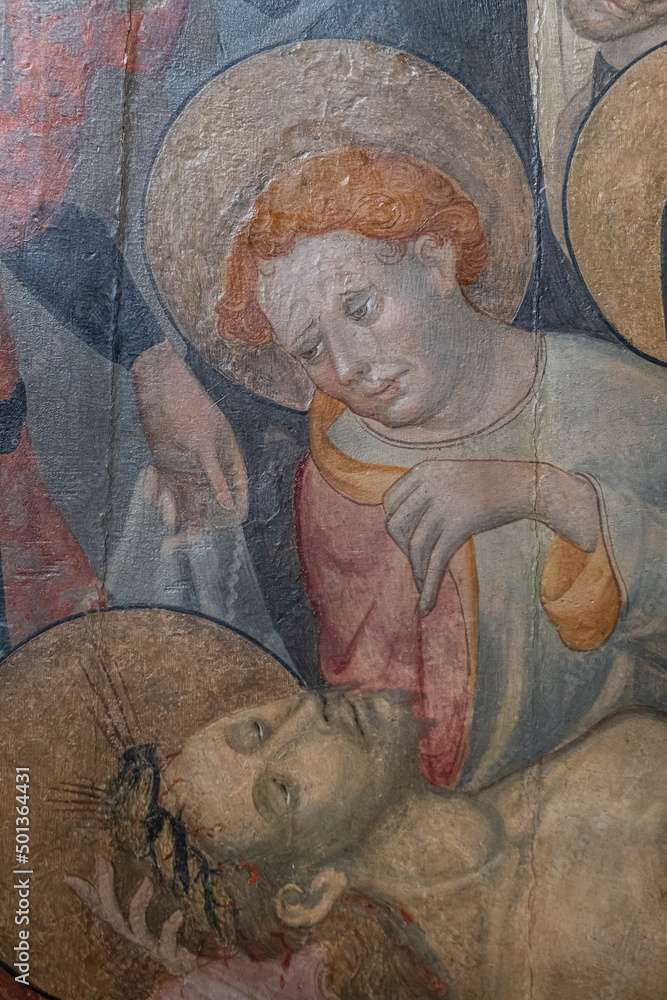 Saint Jhon the evangelist, lament over the dead Jesus, Lluc Borrassa, 1430-1434, tempera on wood, Roser Vell church, Majorca, Balearic Islands, Spain