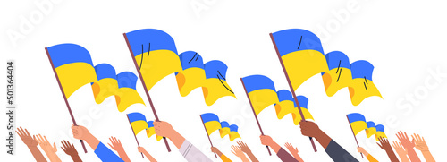 mix race human hands holding Ukrainian flag pray for Ukraine peace save Ukraine from russia stop war concept