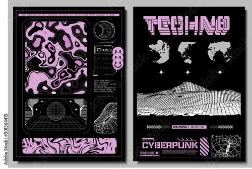 Sci fi and HUD box elements for Futuristic design. Abstract rave poster design template. Ideal for banner, flyer, invitation, business card. Technology style, cyberpunk window, game interfaces.
