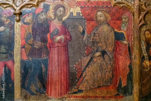 Pilate's trial of Jesus, predella of the Passion of the Lord, Francesc Comes, 1390-1415, tempera on wood, monastery of Puig de Maria, Majorca, Balearic Islands, Spain