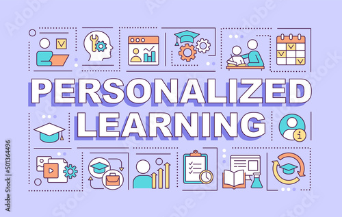 Personalized learning word concepts purple banner. Individual education program. Infographics with icons on color background. Isolated typography. Vector illustration with text. Arial-Black font used