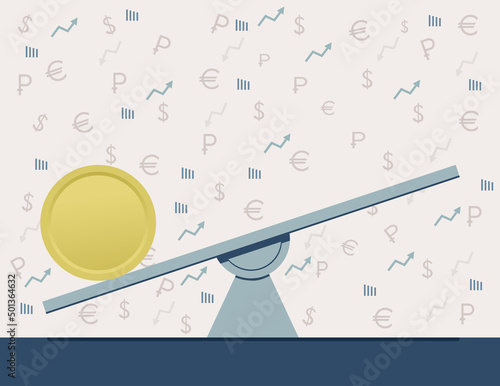 Illustration of a yellow coin on a swing on a light background with images of currency, rates, charts, vectors, arrows. The concept of financial position, the state of the markets
