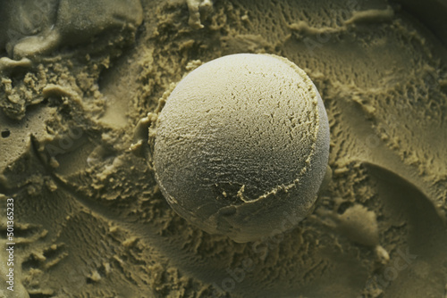 Organic green ice cream texture and ball.