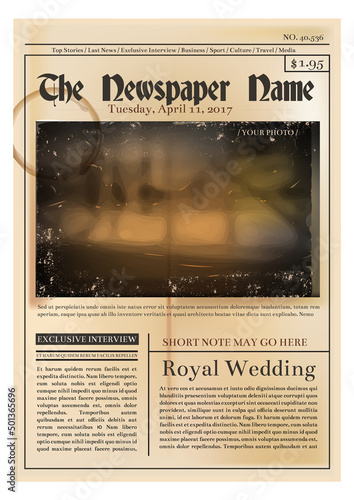 Aged yellow newspaper template. Vintage front page