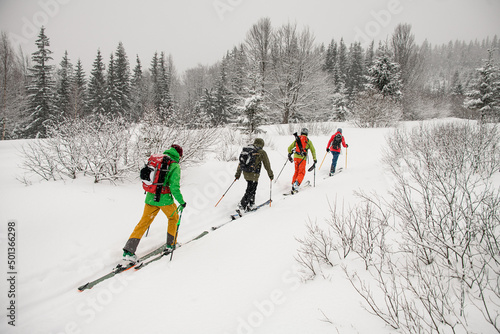 Wallpaper Mural Group ot travelers, male skier tourists with backpacks hiking on skis in deep snow Torontodigital.ca