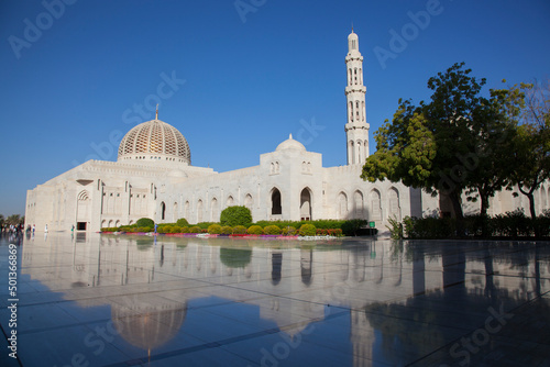 Muscat,Oman - April 24,2022 : View on Sultan Qaboos grand mosque architecture in Muscat.