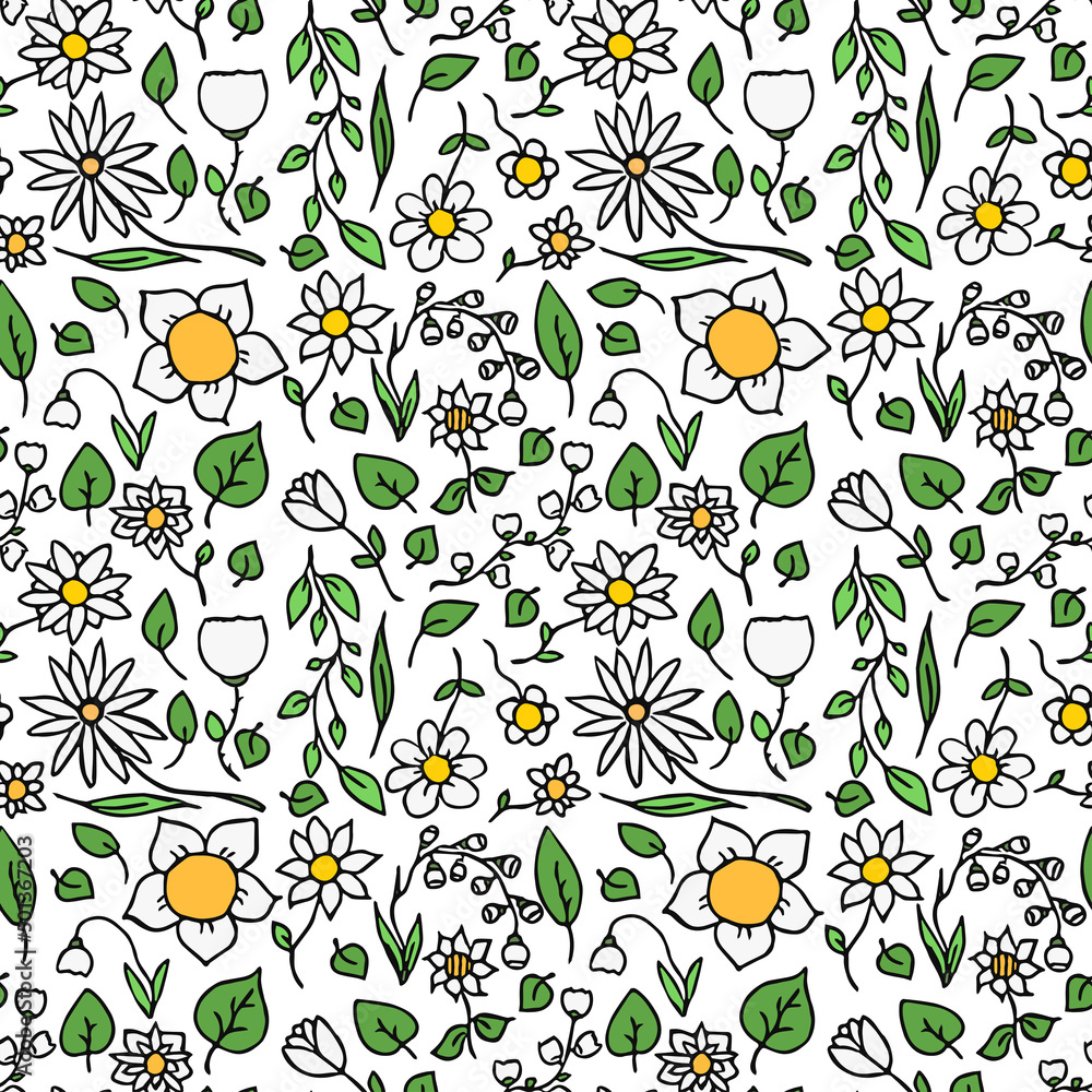 Colored seamless floral vector pattern. Doodle floral pattern on white background. Vintage floral illustration with white flowers