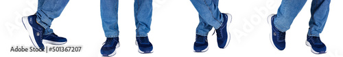 Set of different Fit man leg in sport shoe, blue sneakers and jeans isolated on white background.