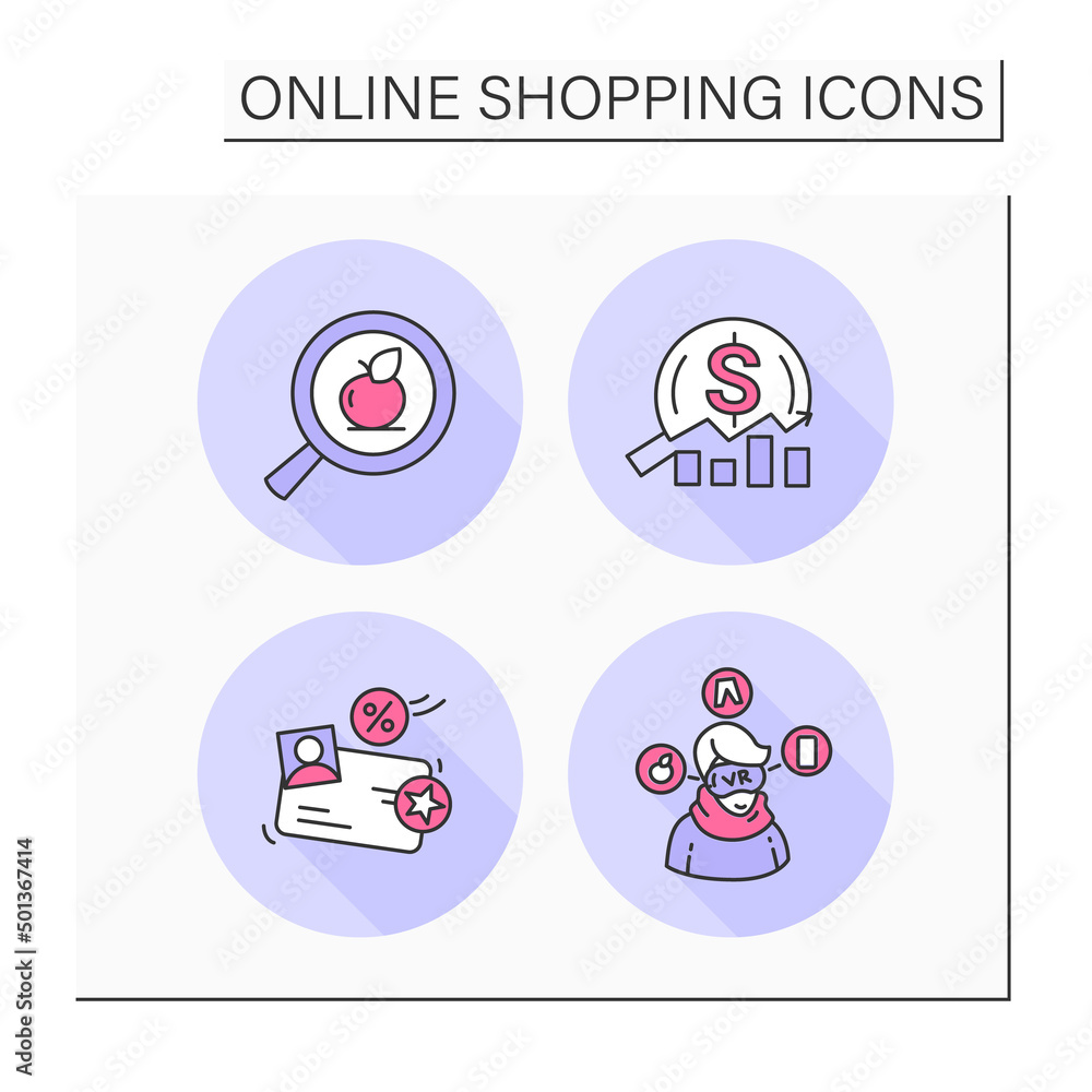 E-commerce color icons set. Sales analysis, loyalty program, product search, virtual showroom.Mobile retail store. Isolated vector illustration