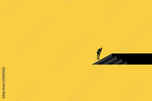 businessman on top looking down stairs. Business crisis, depression or burnout syndrome vector concept. Symbol of stress, recession,