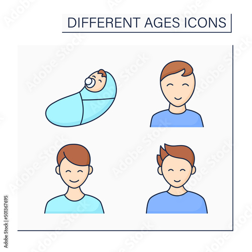 Different ages color icons set. Generations. Newborn, teenagers, adulthood and retirement of male life. Life cycle concept. Isolated vector illustrations