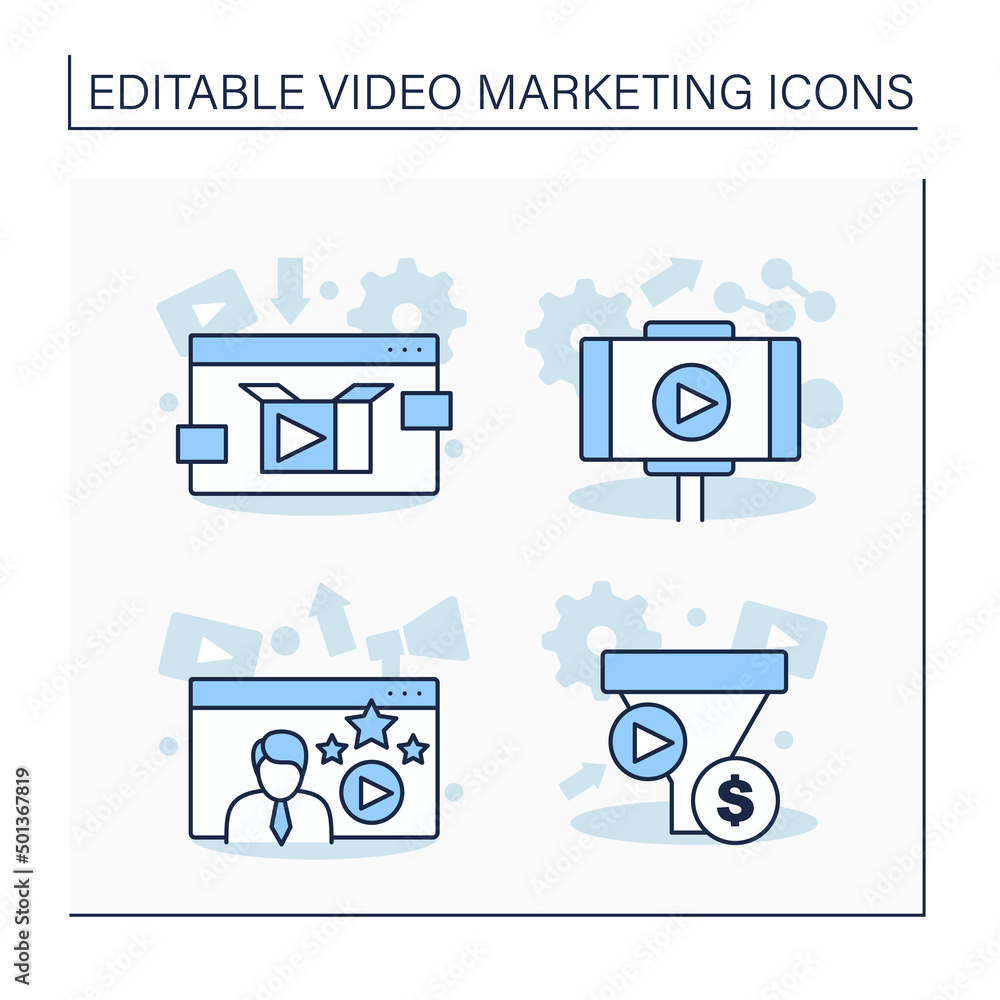 Video marketing line icons set. Product video content, lifestyle video clips, specialist, funnel. Content management concept. Isolated vector illustrations. Editable stroke Video marketing line icons set. Product video content, lifestyle video clips, specialist, funnel. Content management concept. Isolated vector illustrations. Editable stroke