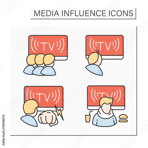 Media influence color icons set. TV audience, violence and crime on TV. Fast food overeating and programs for children. Isolated vector illustrations