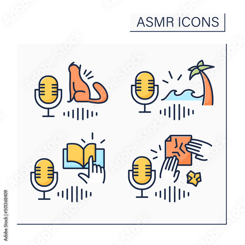 ASMR color icons set. Cat purring, page-turning, ocean waves sounds.Modern trends. Internet trend concept. Isolated vector illustrations