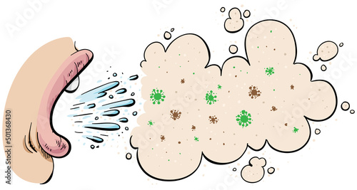 A cartoon mouth breathing out a cloud of virus particles.