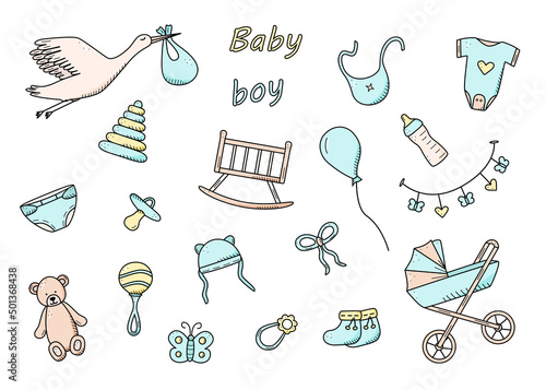 Newborn icons set for a baby boy. Vector illustration of elements for a little baby. baby stroller, baby work, rattles and teddy bear and much more.