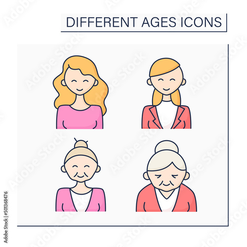 Different ages color icons set. Generations. Newborn, teenager, adulthood and retirement of womane life. Life cycle concept. Isolated vector illustrations