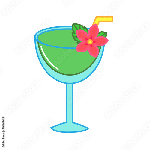 Cocktail with tropic flower and drinking straw. vector