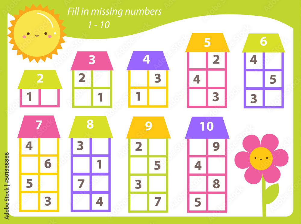 Fototapeta premium Mathematics educational game for children. Complete the row, write missing numbers. Worksheet for kids
