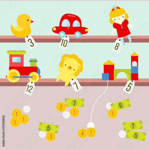 Mathematics educational children activity. Study counting and money for kids and preschool. Toy shop game