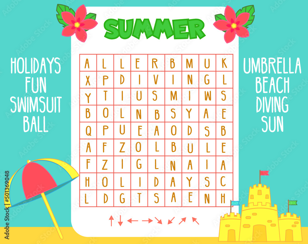 Educational game for children. Summer holidays theme Word search puzzle.  Learn english vocabulary for kids and toddlers Векторный объект Stock |  Adobe Stock