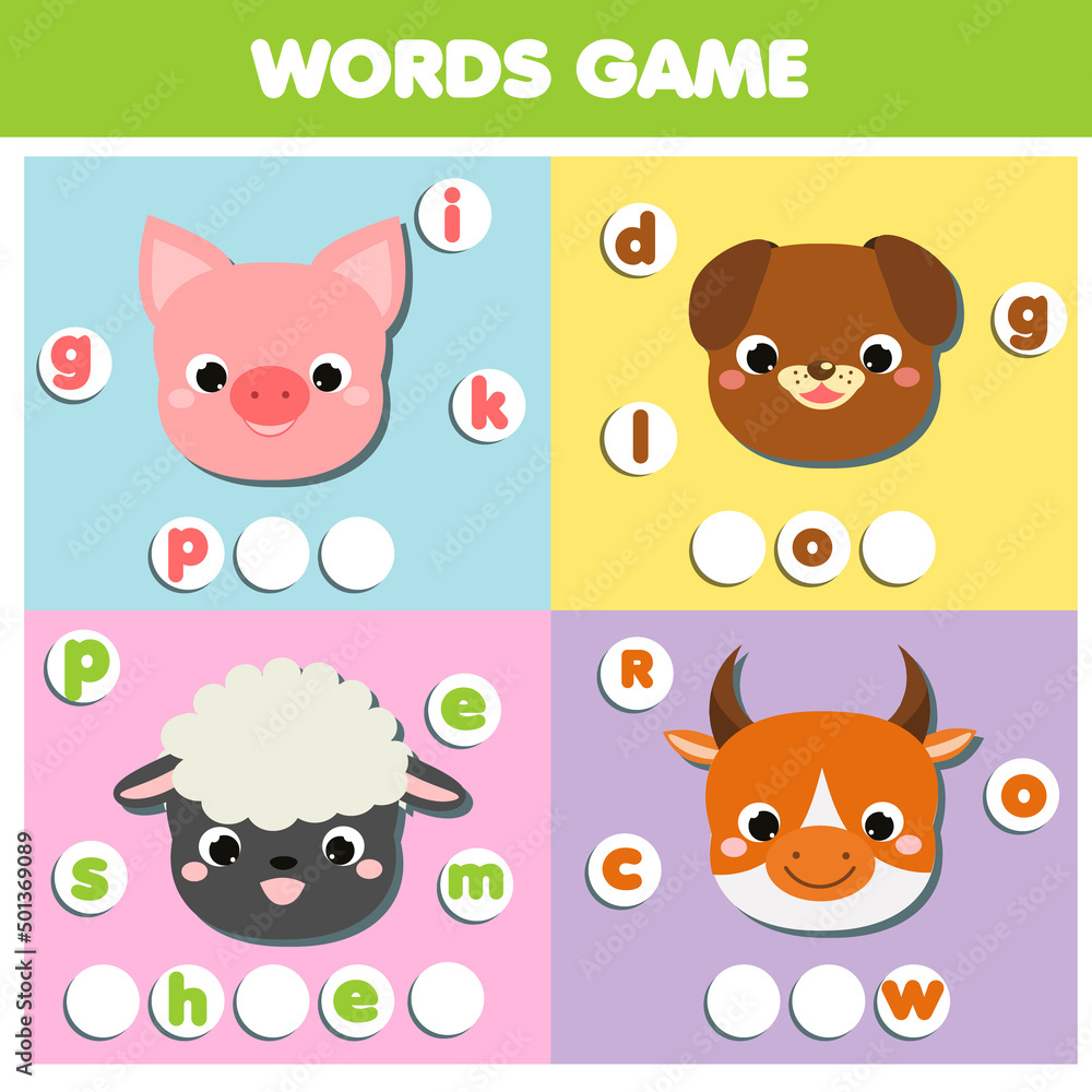 Obraz premium Farm animals. Write missing letters and complete words. Crossword for kids and toddlers. Educational children game.