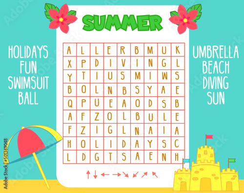 Educational game for children. Summer holidays theme Word search puzzle. Learn english vocabulary for kids and toddlers © ksuklein
