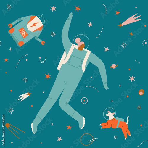 Space adventure pattern with boy, girl, dog and robot astronaut explore cosmos seamless pattern. Kids cute fabric design in vector. Vector illustration