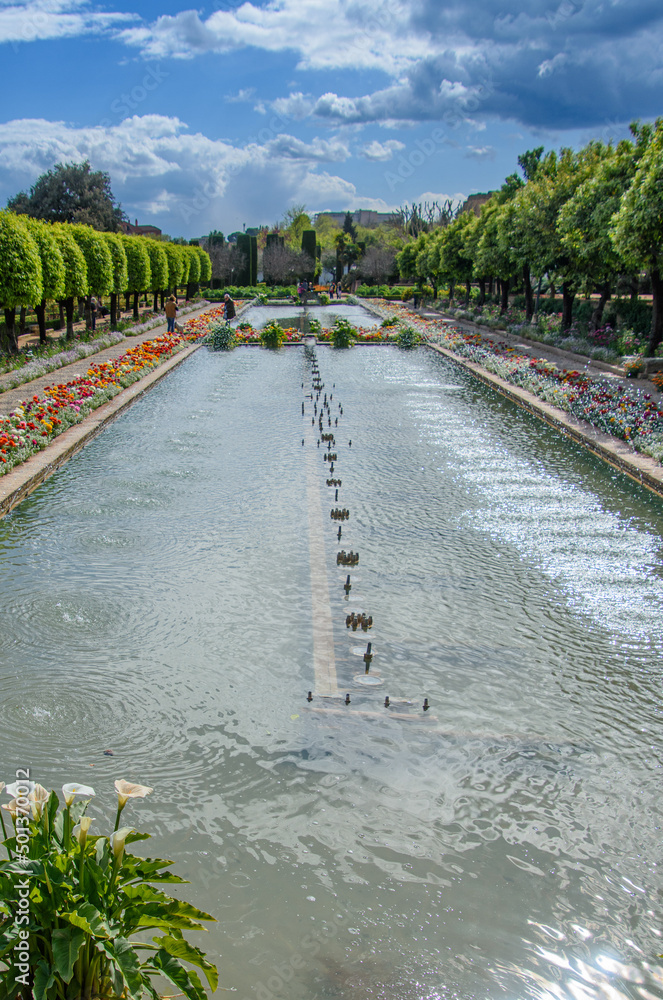 Fototapeta premium View of the beautiful gardens of the Alcazar de los Reyes Cristianos, Cordoba, Andalusia, Spain