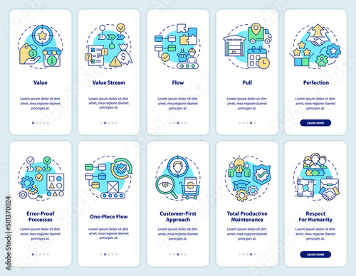 Lean manufacturing onboarding mobile app screen set. Effective production walkthrough 5 steps graphic instructions pages with linear concepts. UI, UX, GUI template. Myriad Pro-Bold, Regular fonts used