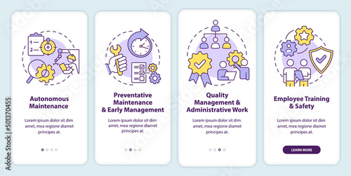 Total productive maintenance onboarding mobile app screen. Walkthrough 4 steps graphic instructions pages with linear concepts. UI, UX, GUI template. Myriad Pro-Bold, Regular fonts used